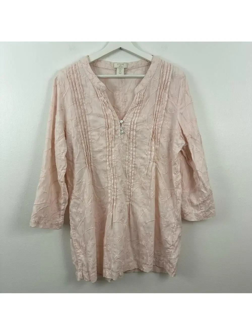 Saint Tropez West Linen Pintuck Embroidered Blouse Women's Size L